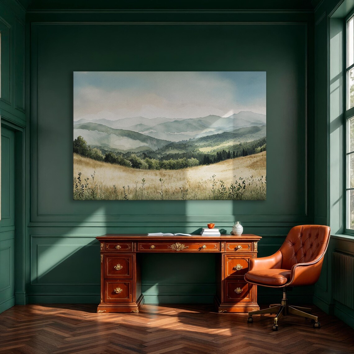 Misty Green Mountain Hills Beyond Forest Meadow Landscape Poster