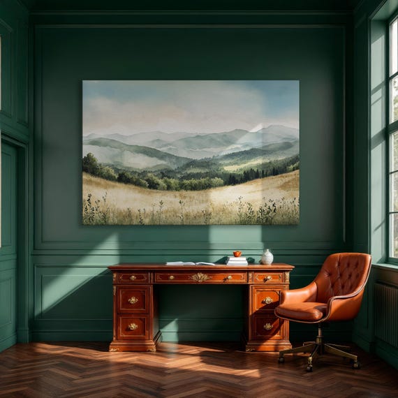 Serene Wilderness Landscape Framed Canvas Print Scene Of Misty Mountain Forest Wall Art Green Rolling Hills Decor Ready To Hang