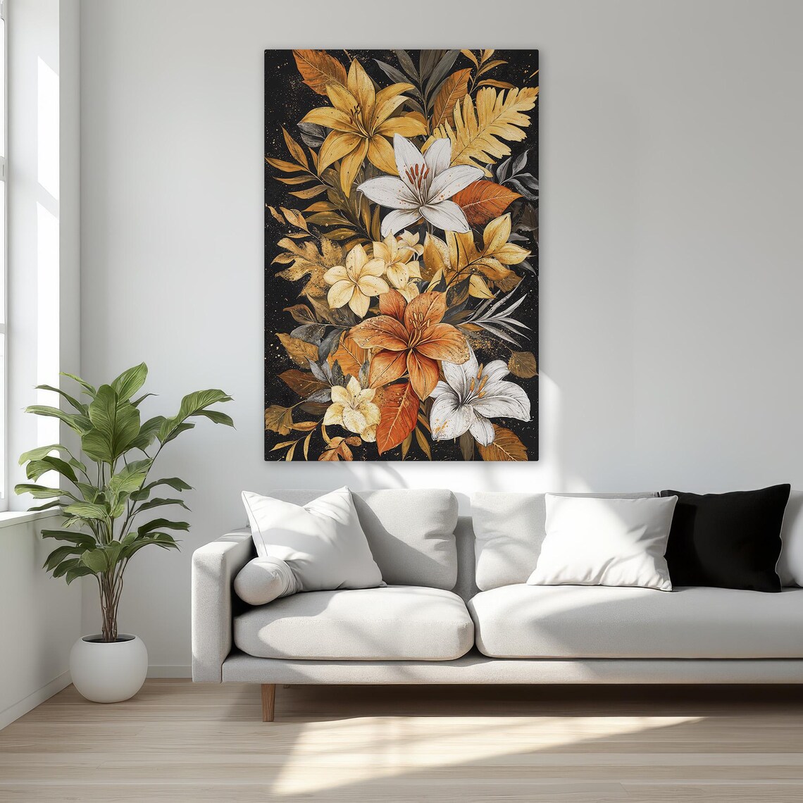 Golden Lilies Autumn Leaves Dark Moody Botanical Canvas Poster