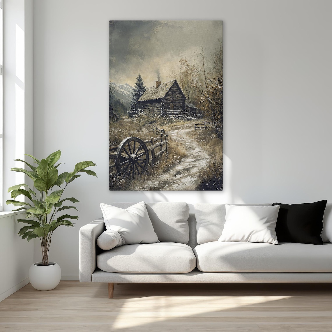 Rustic Country Cabin Wagon Wheel Autumn Landscape Canvas Poster