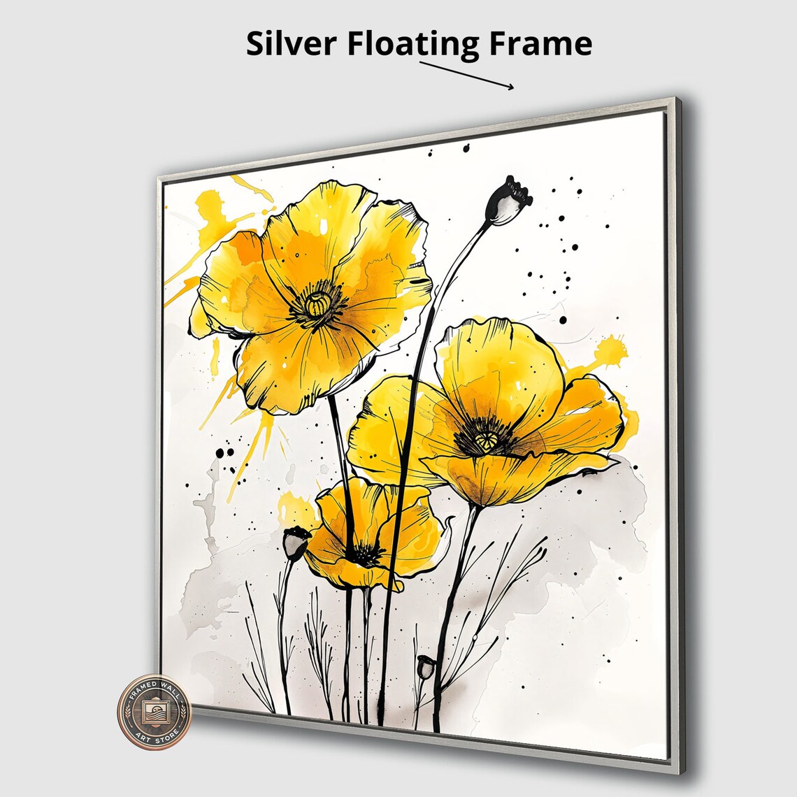 Vibrant Yellow Poppy Flowers Ink Watercolor Floral Still Life Poster - Image 4