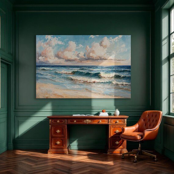 Rolling Ocean Waves Golden Sandy Beach Seascape Scenic Poster