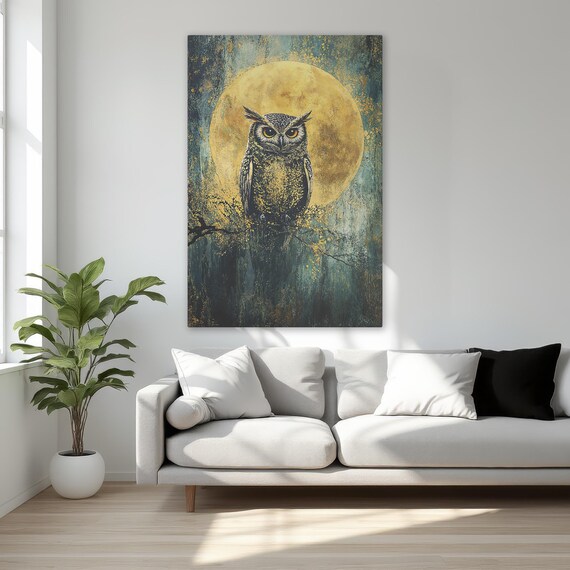 Nocturnal Owl Full Moon Golden Night Wildlife Nature Wall Art
