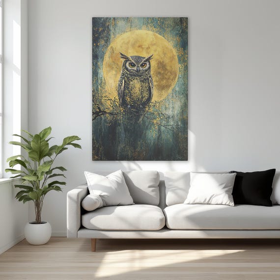 Nocturnal Owl In Full Moon Bird Of Prey Framed Canvas Print Mystical Wall Art Wildlife Decor Ready To Hang