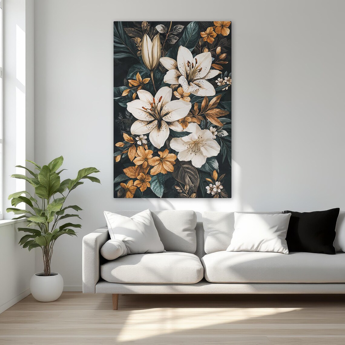Elegant White Lilies Golden Accents Dark Botanical Floral Decor Poster