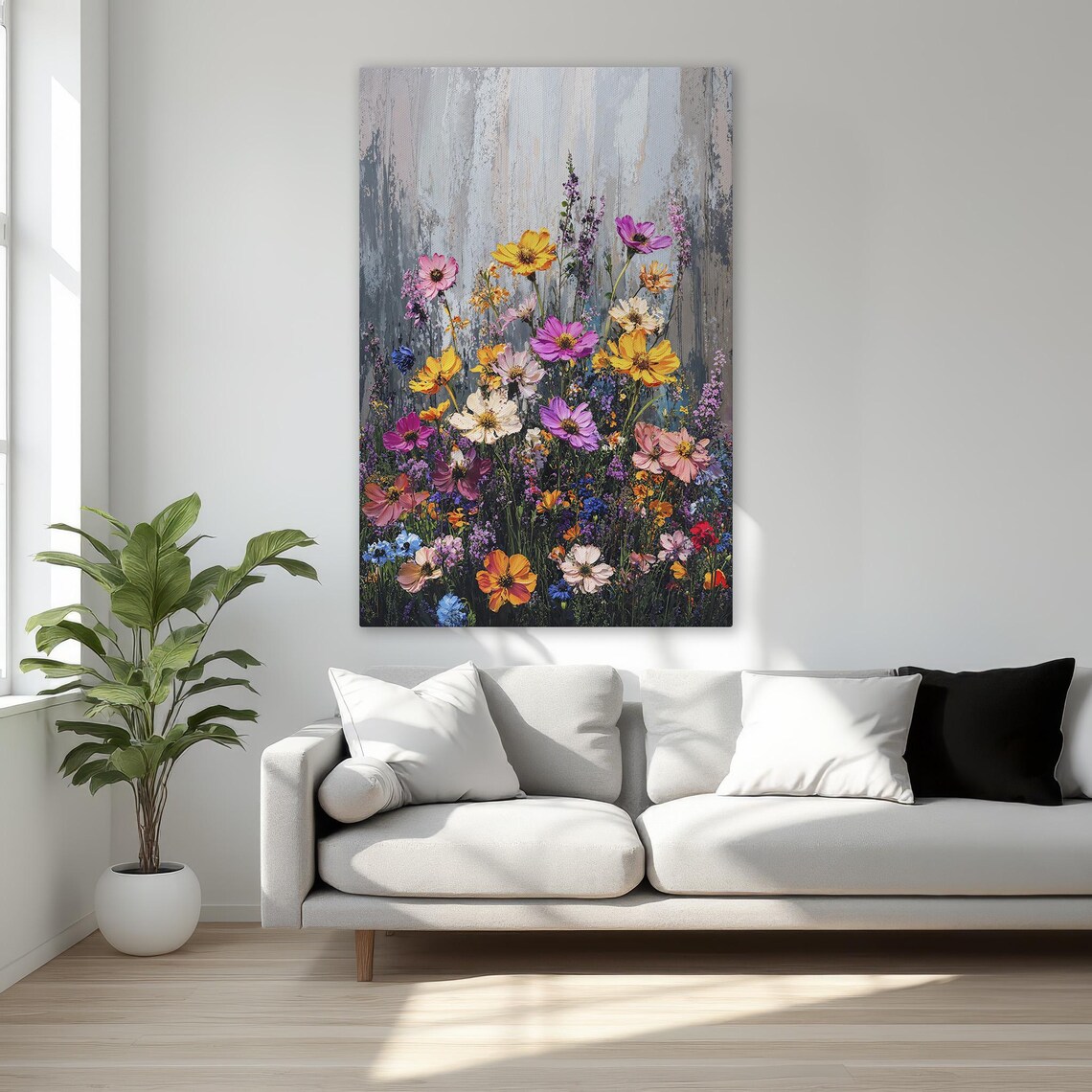 Wildflower Meadow Rainbow Blooms Gray Background Floral Art Poster