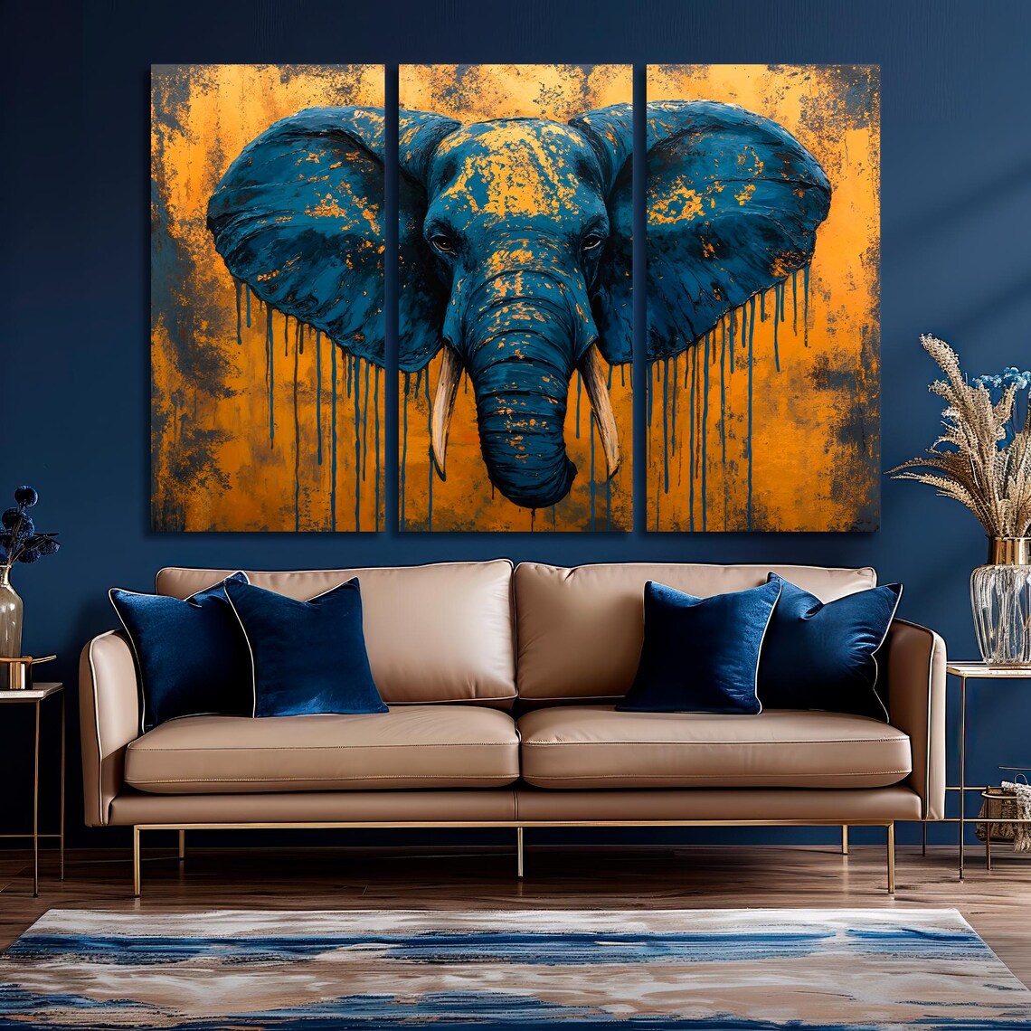 Blue And Gold Elephant Portrait Abstract Wildlife Artistic Wall Art Print - Image 5