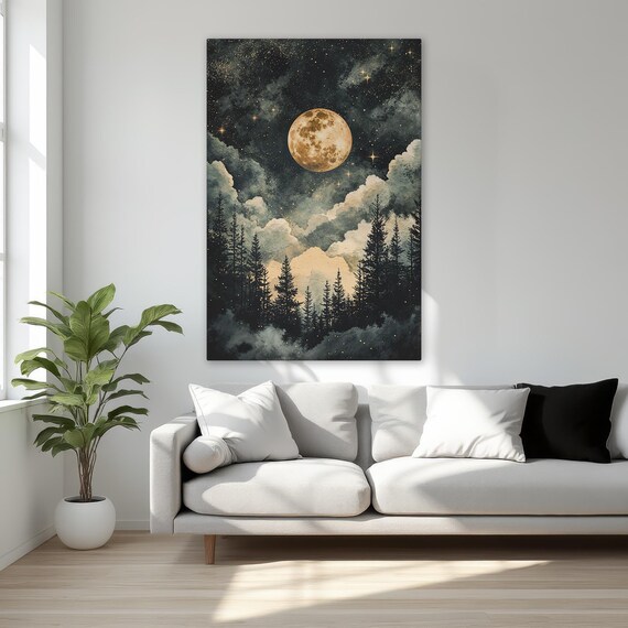 Full Moon Starry Night Pine Forest Mystical Celestial Canvas Print