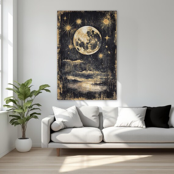 Golden Full Moon and Stars Over Dark Still Water Mystical Poster