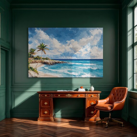 Tropical Beach Palm Trees Turquoise Ocean Seascape Painting Poster