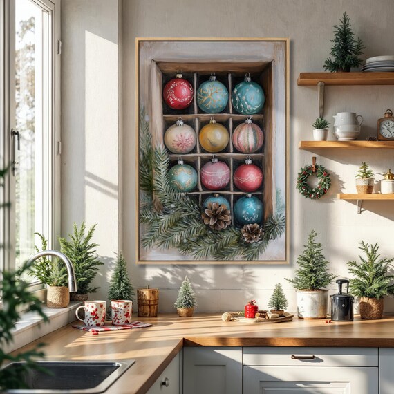 Traditional Christmas Ornaments Wooden Box Vintage Holiday Poster