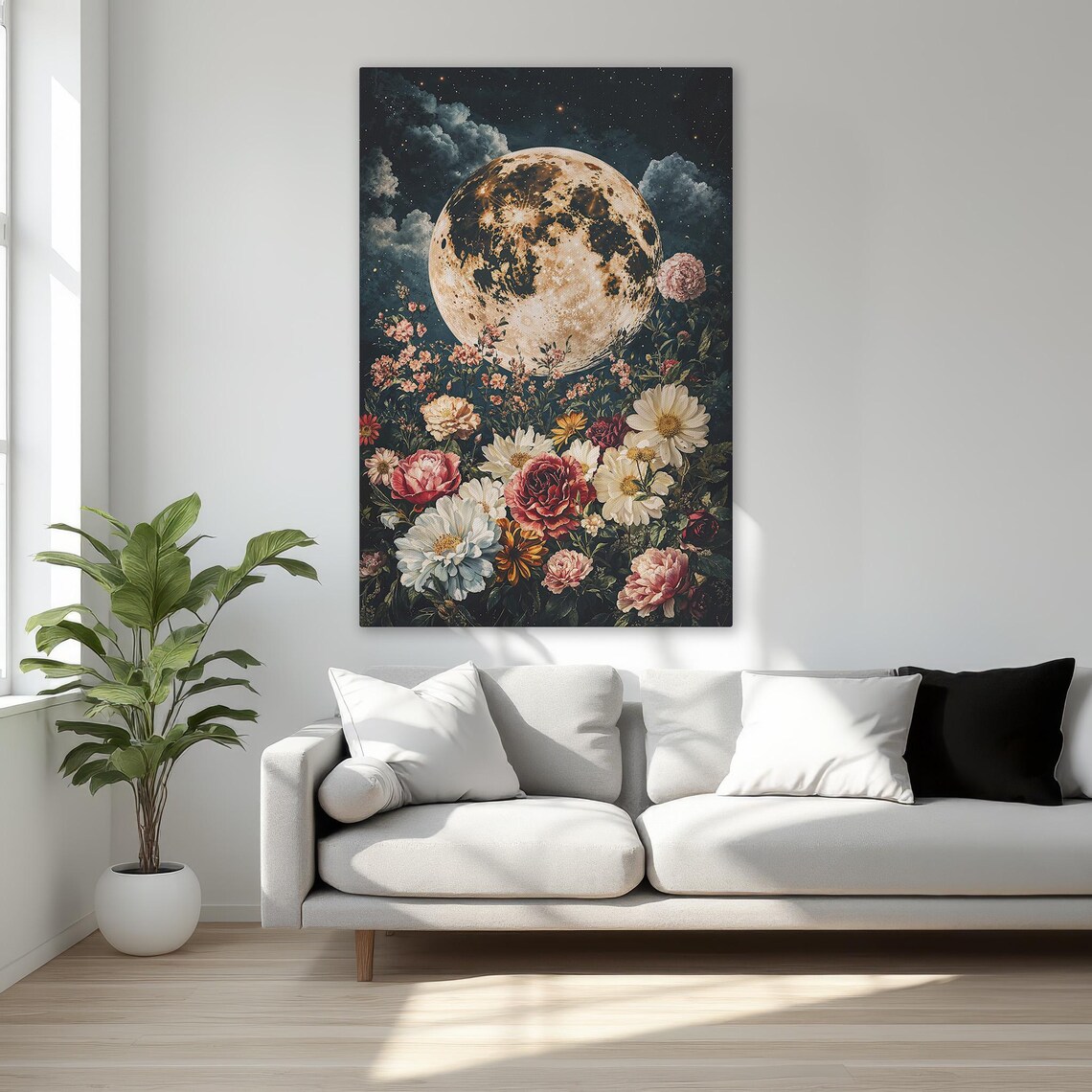Full Moon And Colorful Flowers Dark Night Sky Celestial Poster