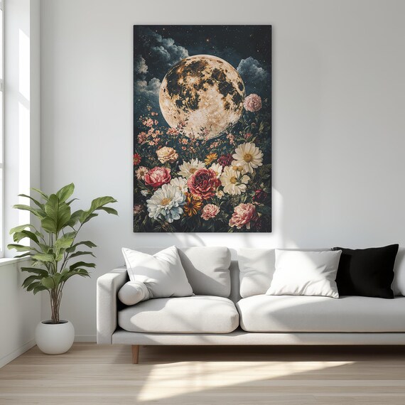 Full Moon And Colorful Flowers Dark Night Sky Celestial Poster