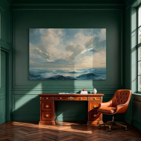 Blue Ocean Under Cloudy Sky Minimalist Seascape Painting Poster
