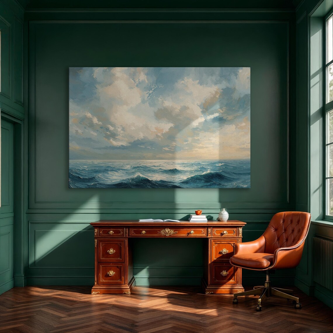 Blue Ocean Under Cloudy Sky Minimalist Seascape Painting Poster