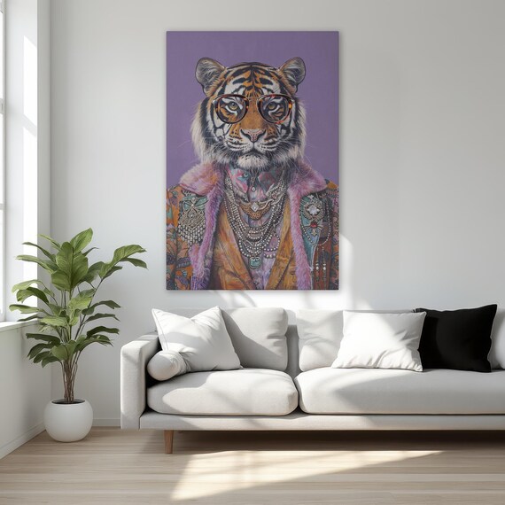 Fancy Tiger Art Framed Canvas Print Vibrant Animal In Glasses Wall Colorful Quirky Style Fashion Decor Ready To Hang