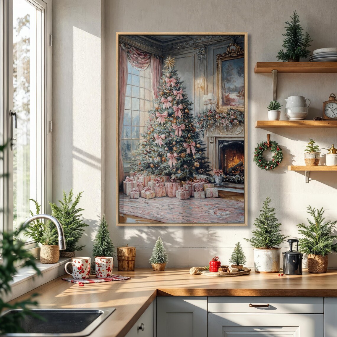 Elegant Pink Bow Christmas Tree Fireplace Traditional Holiday Art Poster