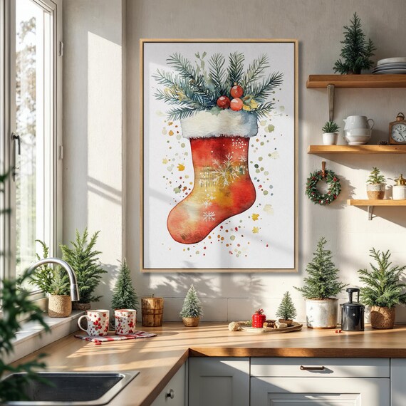 Red Christmas Stocking Watercolor With Pine Branches Art Poster