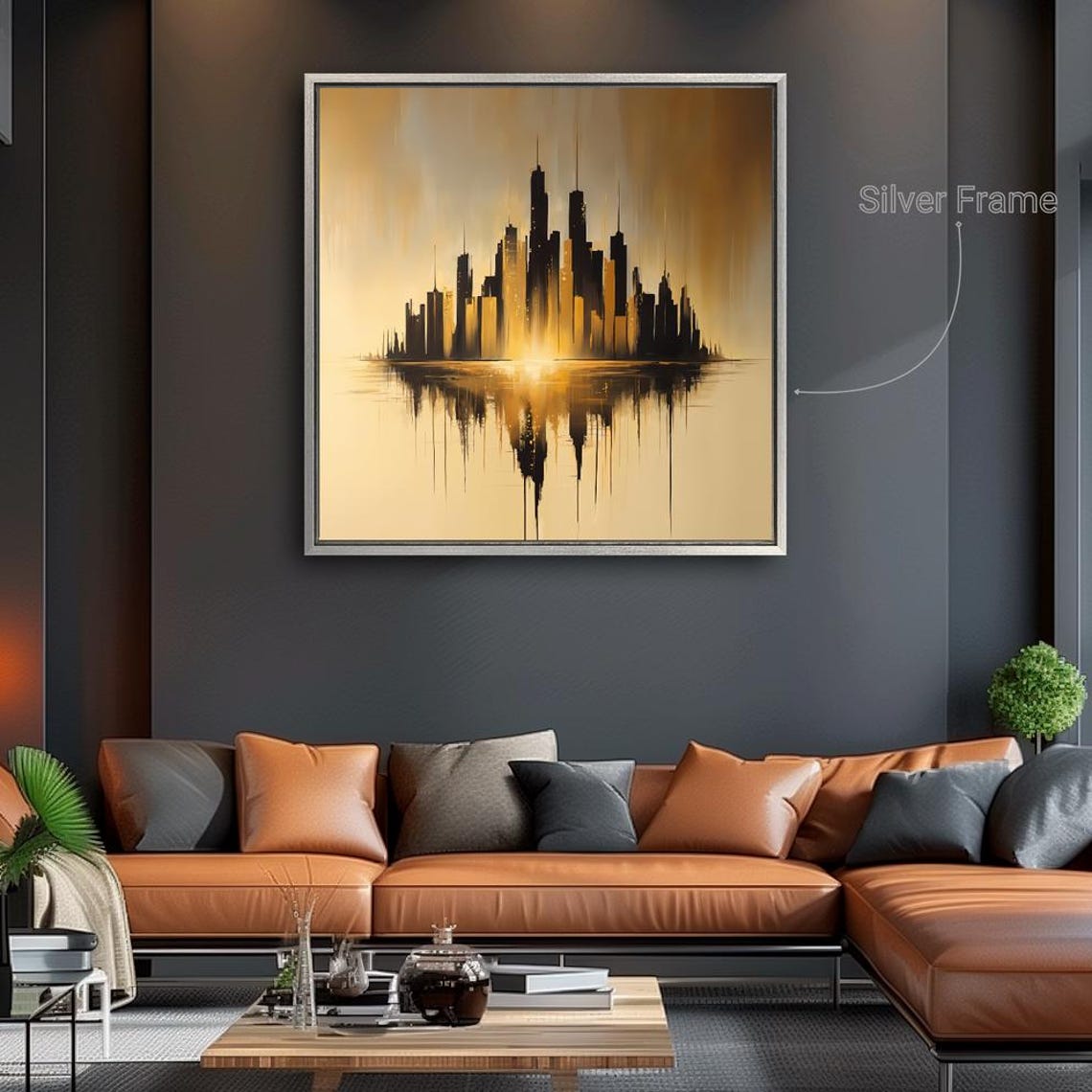 Moody Gold And Black City Skyline With Dripping Reflection Poster - Image 5