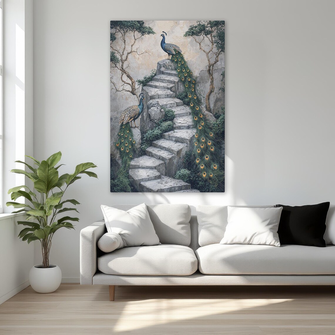 Elegant Peacocks on Stone Steps Vintage Bird Painting Art Poster