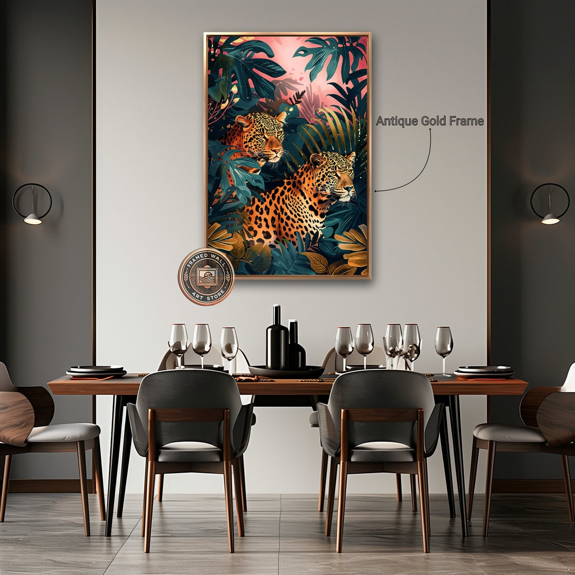 Pair Of Leopards In Lush Tropical Jungle Foliage Sunset Poster - Image 2