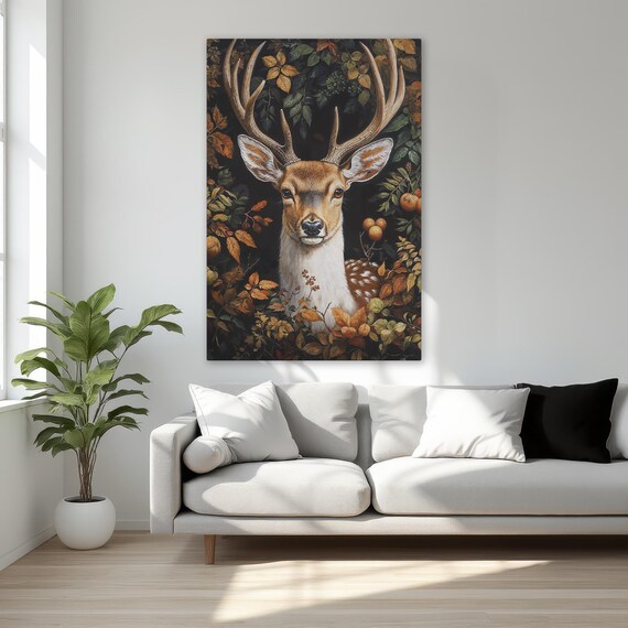 Majestic Deer in Autumn Forest Wildlife Botanical Art Poster