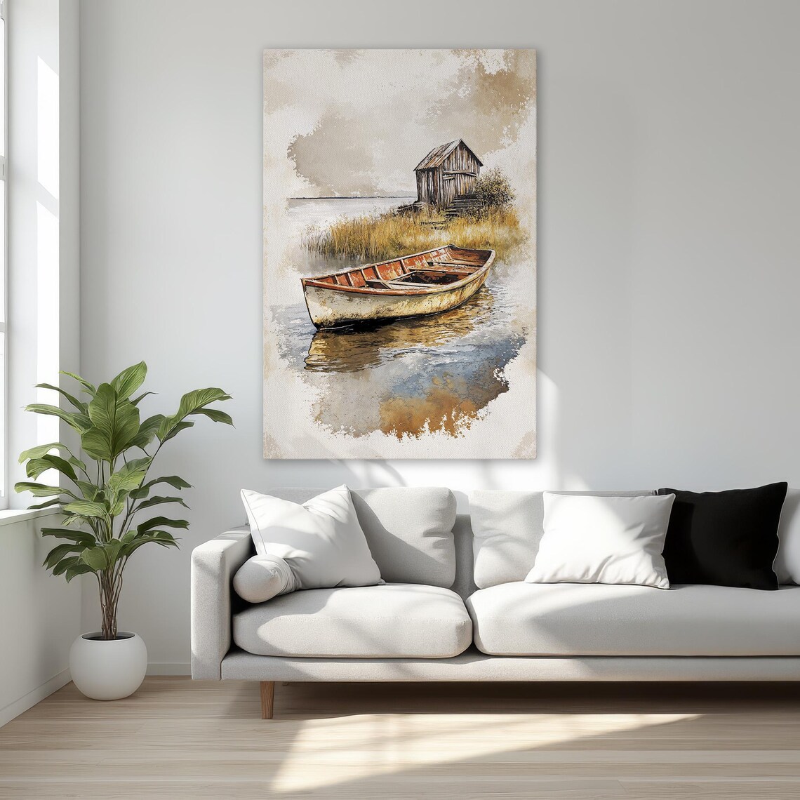 Rustic Wooden Boat Lake Cabin Watercolor Serene Nature Wall Art