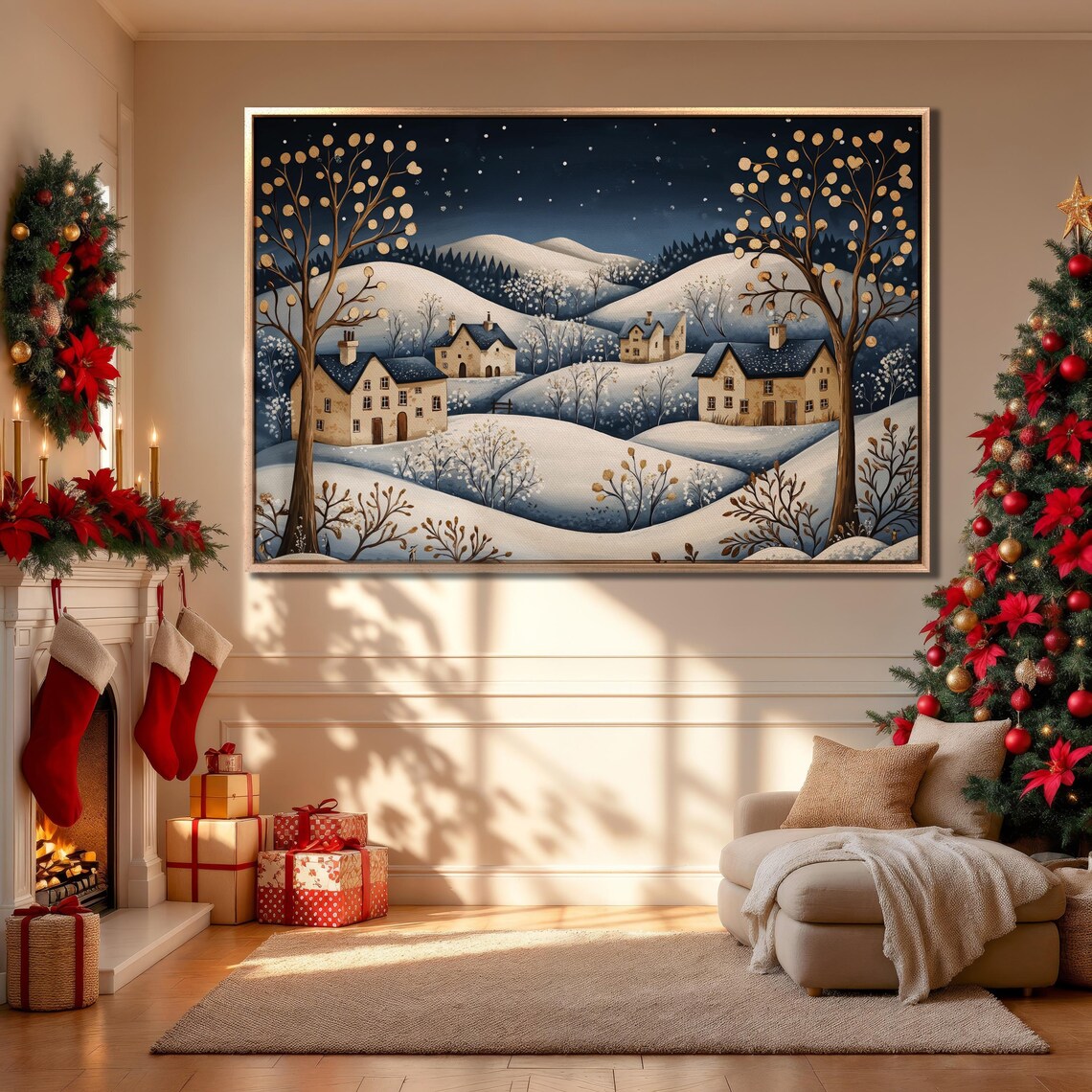 Folk Art Winter Village Snowy Hills Cottages Night Holiday Art Poster - Image 4