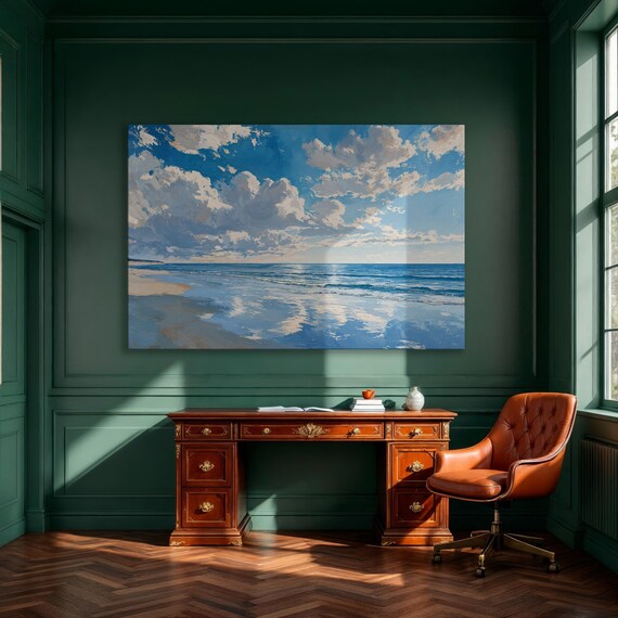 Calm Blue Beach Seascape With Cloudy Sky Minimalist Ocean Poster