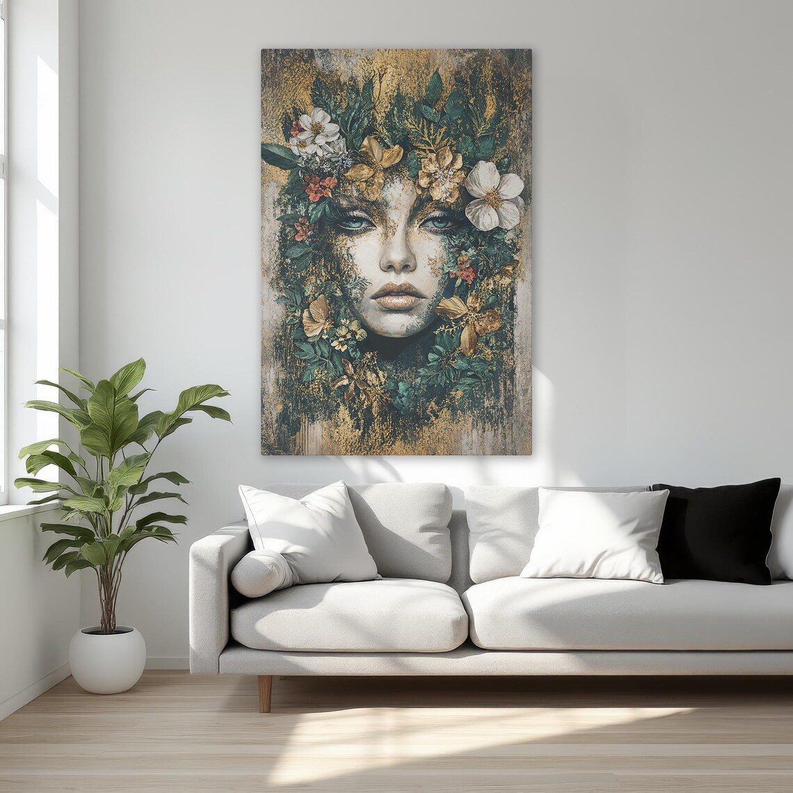 Exquisite Woman Face In Flowers Gold Botanical Portrait Wall Art
