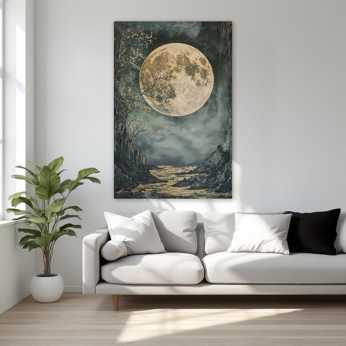 Golden Full Moon Over Rocky Coastline Dreamy Night Sky Poster