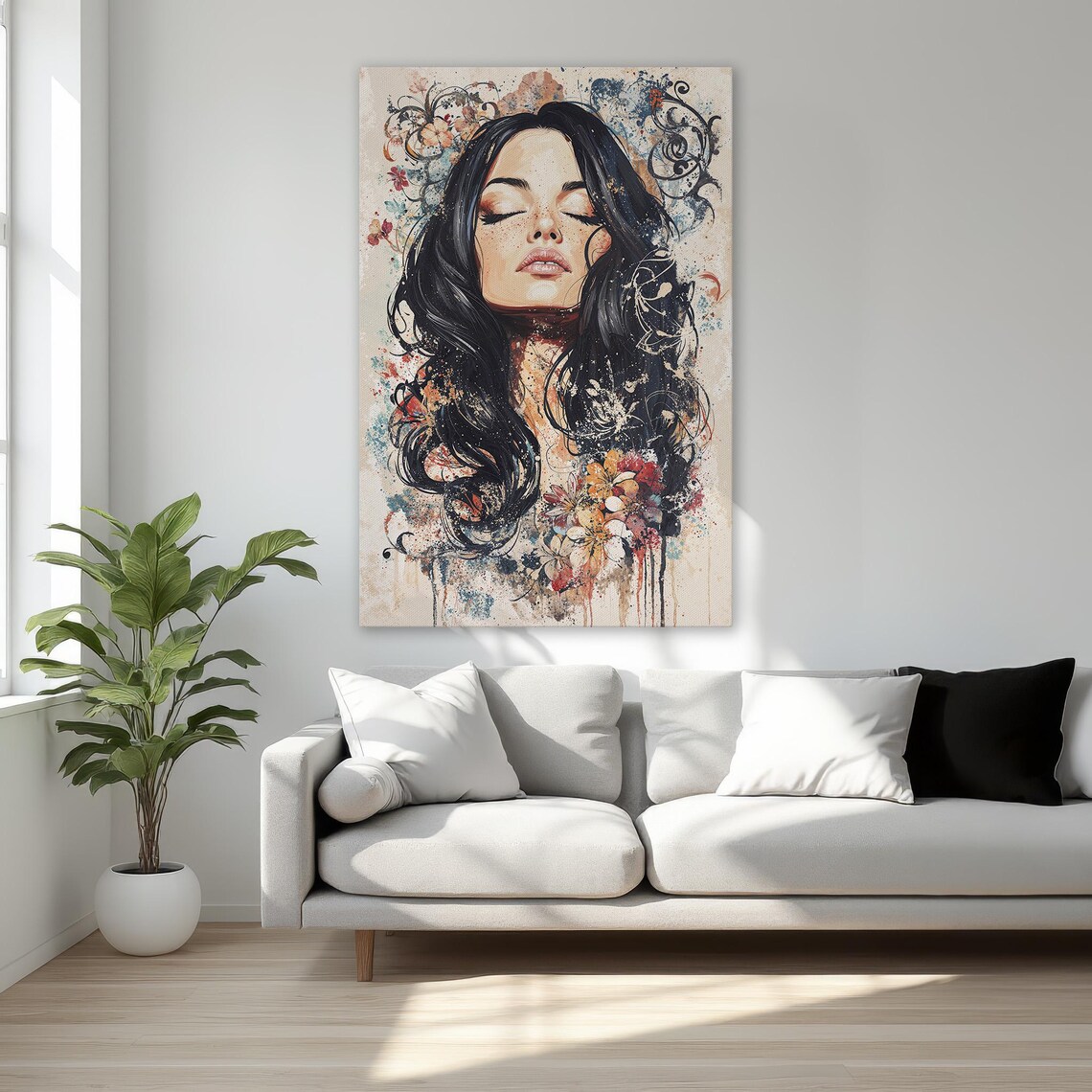 Stylish Watercolor Woman Portrait With Floral Botanical Wall Art