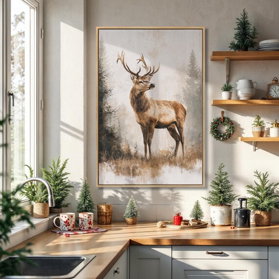 Majestic Stag Standing In Misty Forest Wildlife Scene Poster