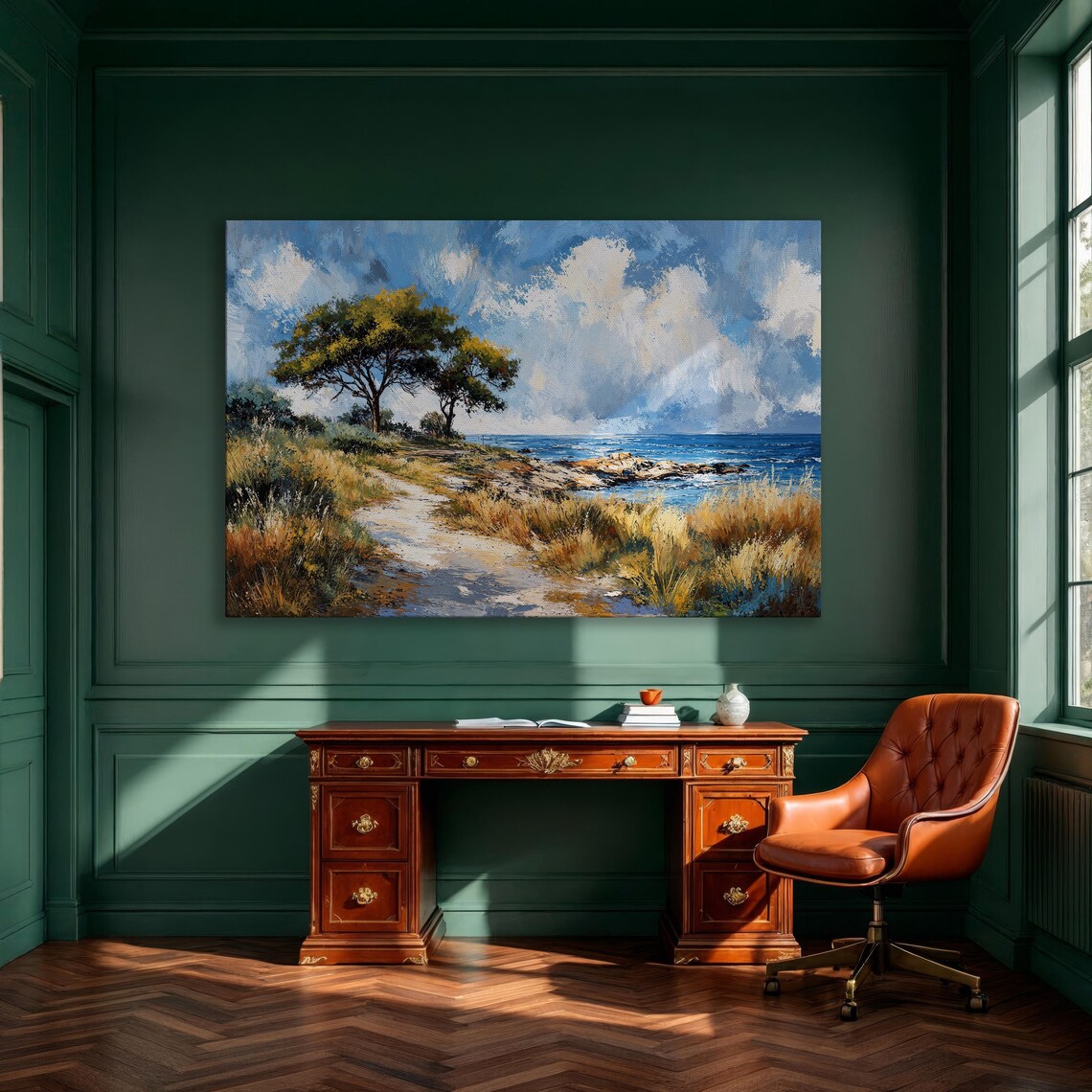 Sandy Path Leading To Rocky Coast Under Big Sky Oil Painting Print