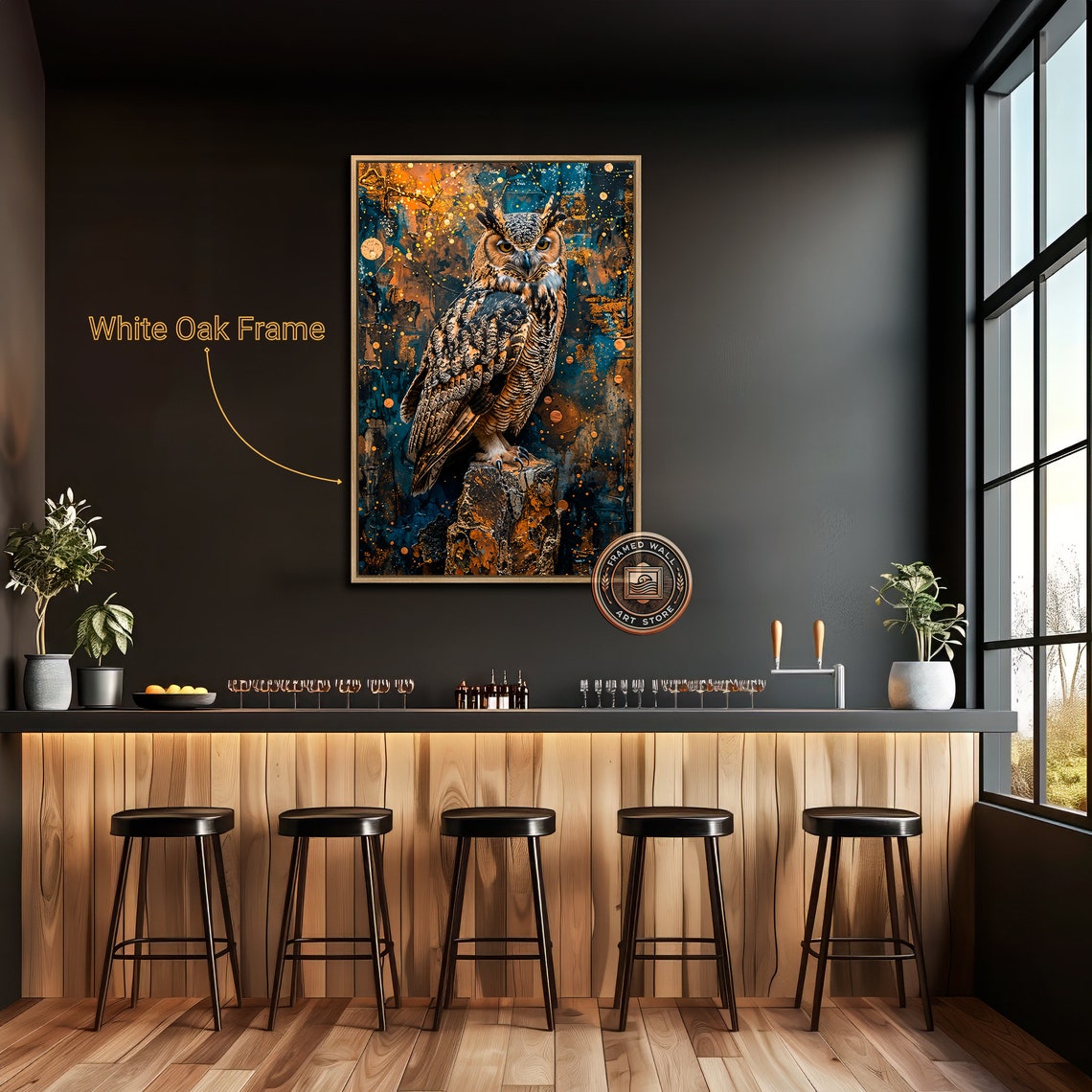 Great Horned Owl Perched On Stump In Teal And Gold Abstract Poster - Image 2
