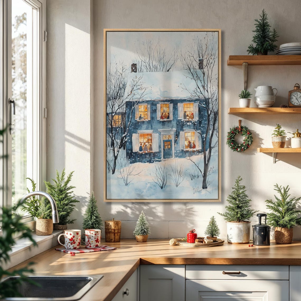 Cozy Winter House In Snow With Warm Glowing Windows Painting Poster