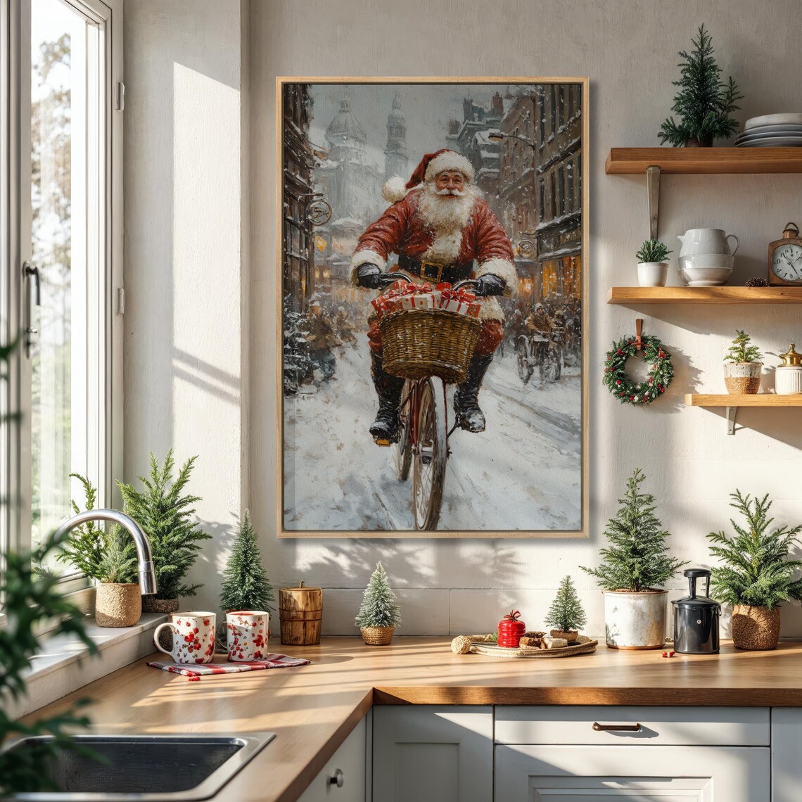 Santa Claus Riding Bicycle Poster in Snowy Christmas City Street Scene