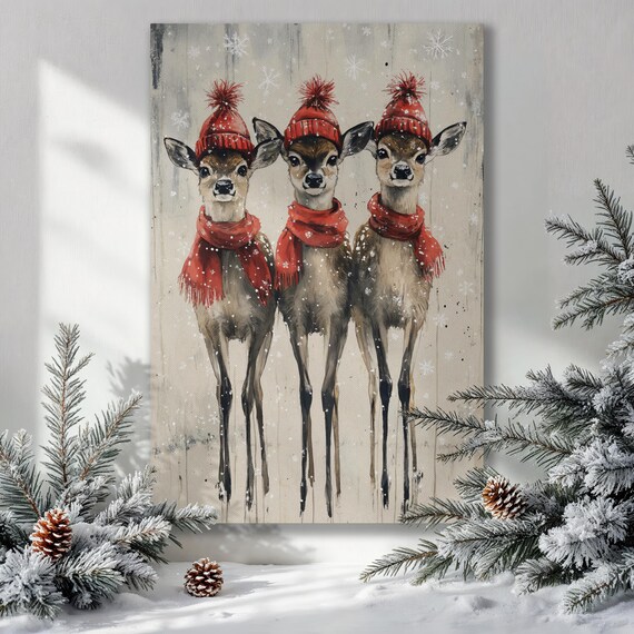 Three Deer In Red Hats And Scarves Christmas Winter Art Poster