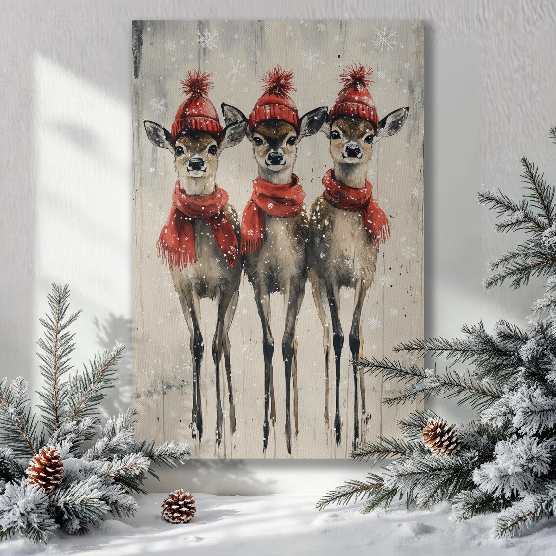 Three Deer In Red Hats And Scarves Christmas Winter Art Poster