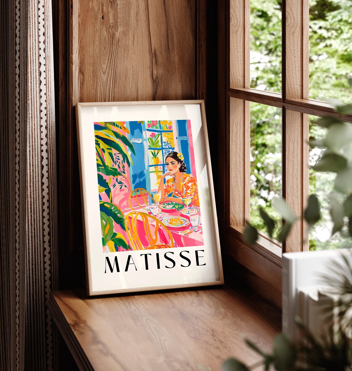 Matisse Style Woman Dining at Pink Cafe Table Floral Dress Art Poster - Image 5
