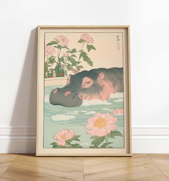 Hippo In Bathtub Ukiyoe Print, Japanese Bathroom Art