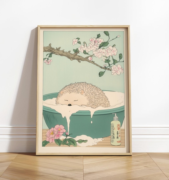 Hedgehog In Bathtub, Japanese Ukiyoe Bathroom Art