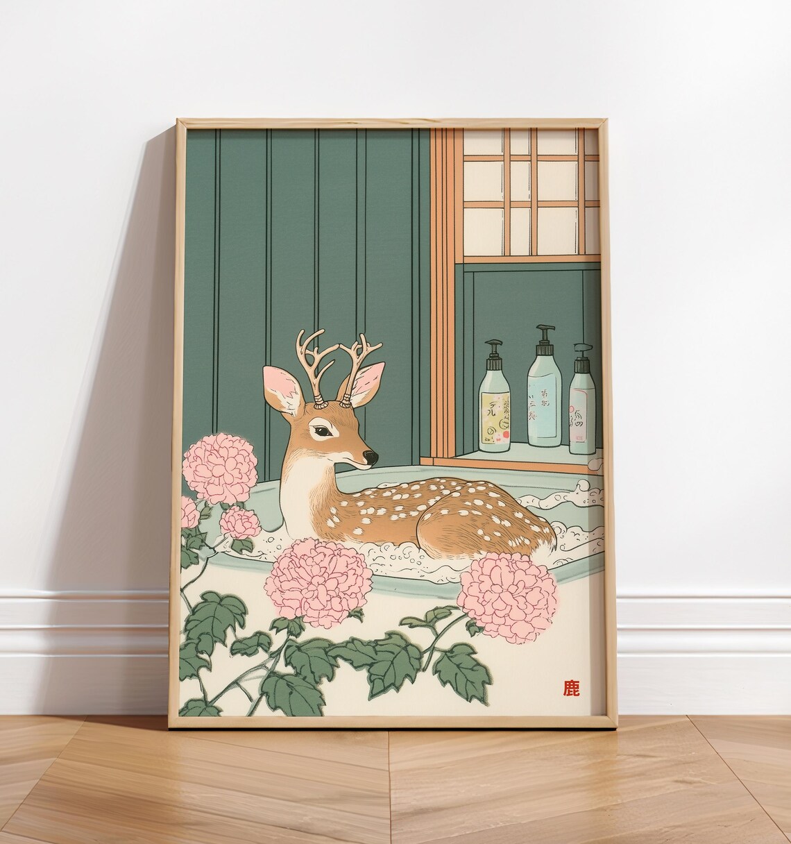 Deer In Bathtub Japandi Bathroom Art Print