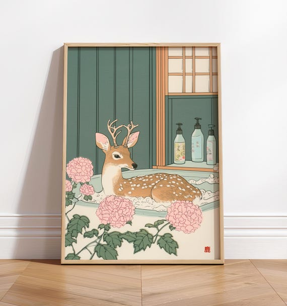 Deer In Bathtub Japandi Bathroom Art Print