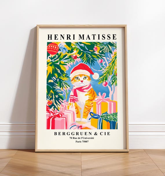 Ginger Tabby Cat In Santa Hat Christmas Print Decor For Living Room Henri Matisse Cat Art Print Funny Poster Aesthetic Print