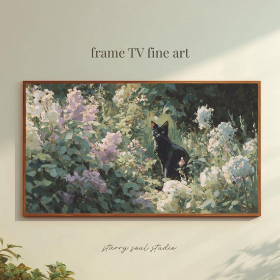 Black Cat In Cottage Garden Frame Tv Art Classic Oil Painting Wallpaper Soft Green Beige Lilac White Florals Screensaver Ca001