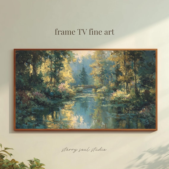 Peaceful Autumn Lake Frame Tv Art Classic Oil Painting Wallpaper Soft Sage Green Golden Forest Screensaver Fa004