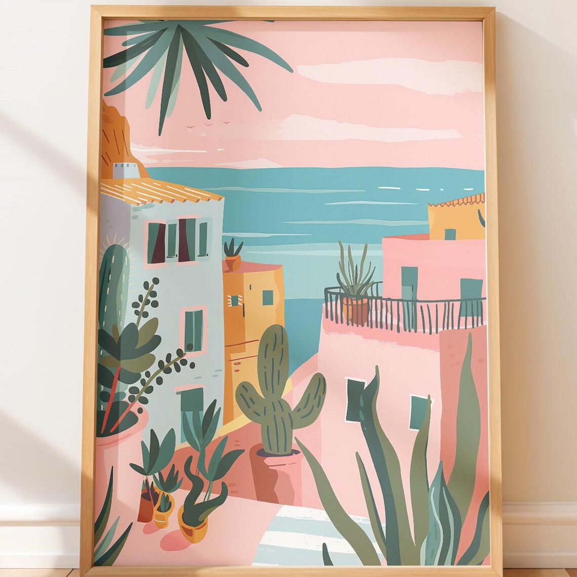 Mediterranean Coastal Town Pastel Terrace Cactus Seaside Art Poster