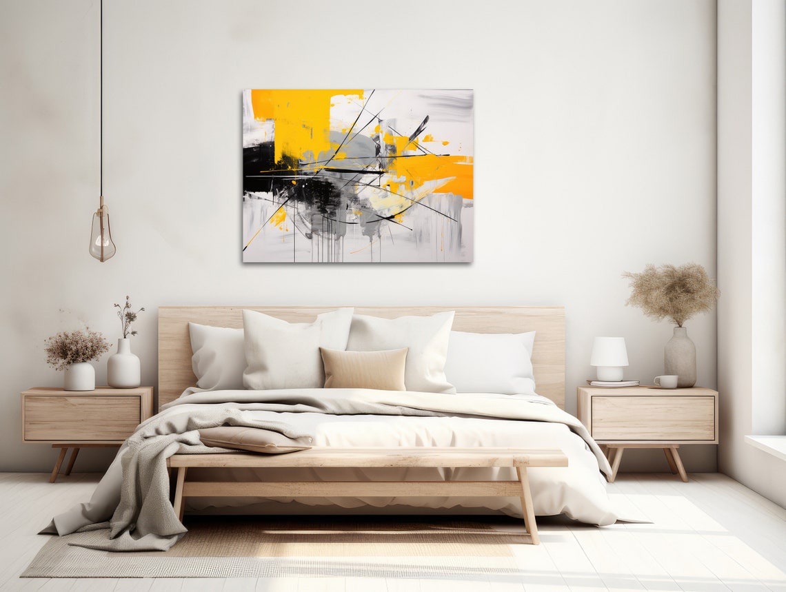 Yellow Black White Bold Abstract Expressionist Modern Dynamic Wall Art - Image 2