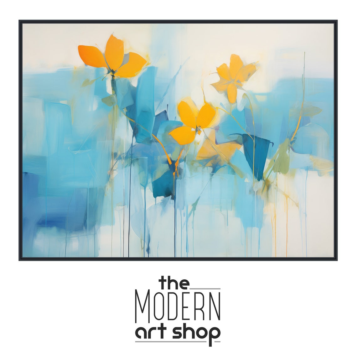 Abstract Blue Wash Yellow Flowers Impressionist Floral Art Poster - Image 4
